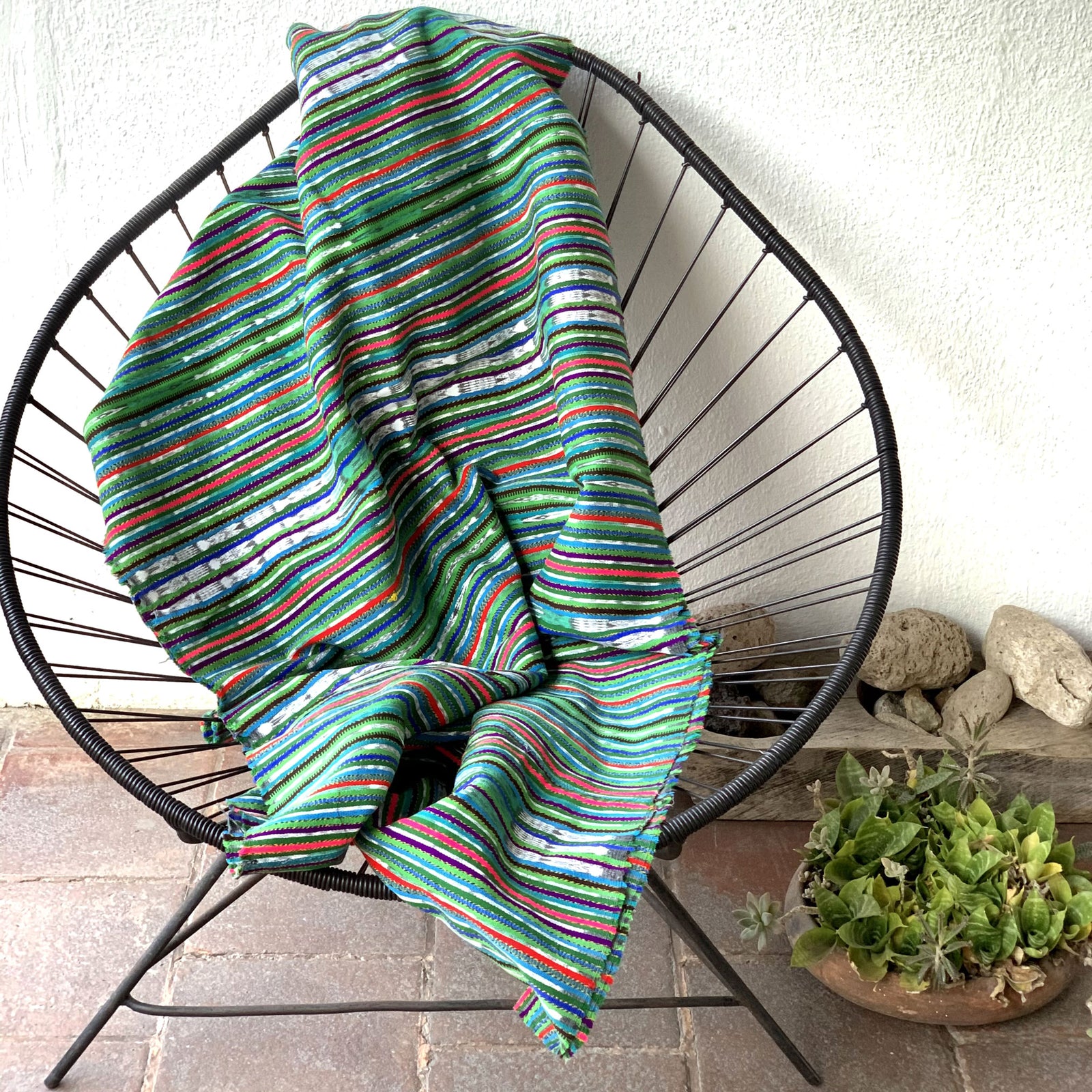 Vintage Handwoven Green Striped Fabric from Guatemala – 5.3 