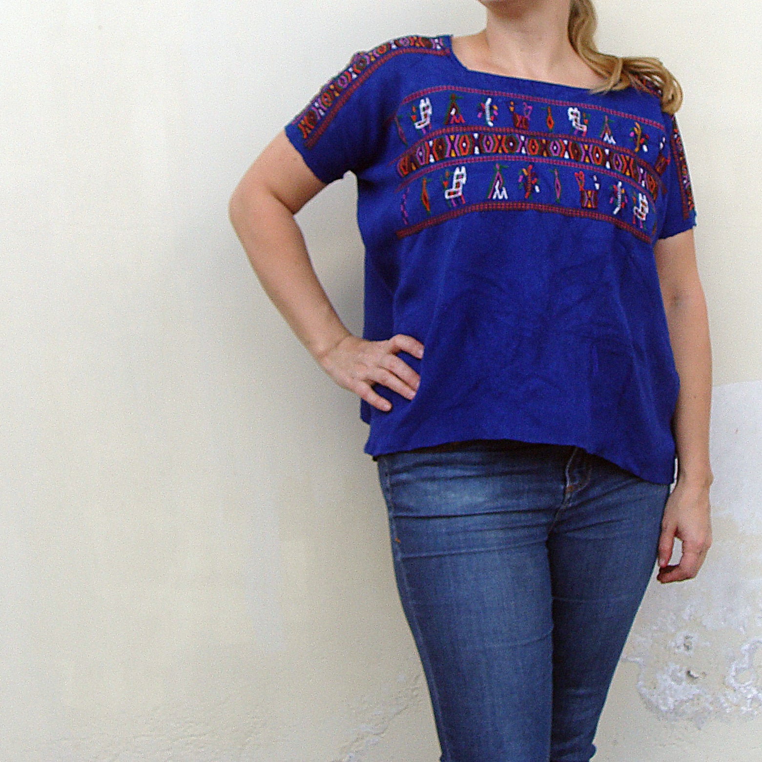 Electro Blue Vintage Ethnic Huipil Top