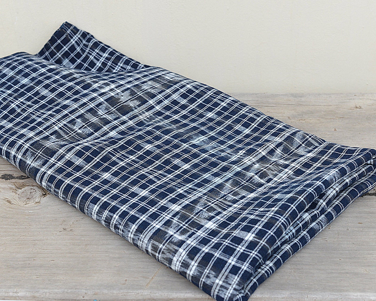 Blue Plaid Cotton Fabric With Ikat Design