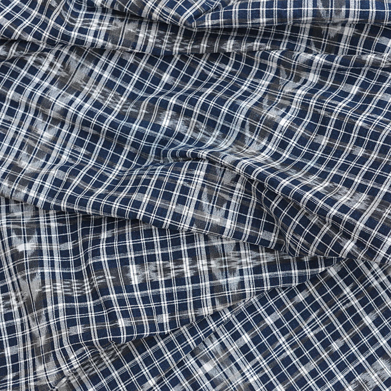 Blue Plaid Cotton Fabric With Ikat Design